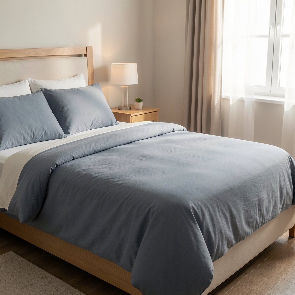 Acolchado gris azulado extendido sobre cama sin personas en habitación luminosa
