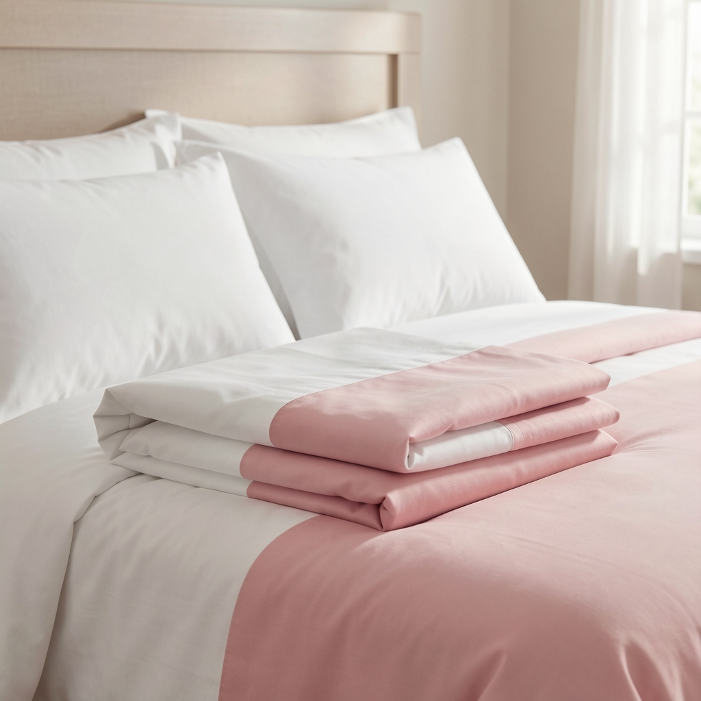 Juego de sábanas blanco y rosa doblado junto a almohada en cama ordenada