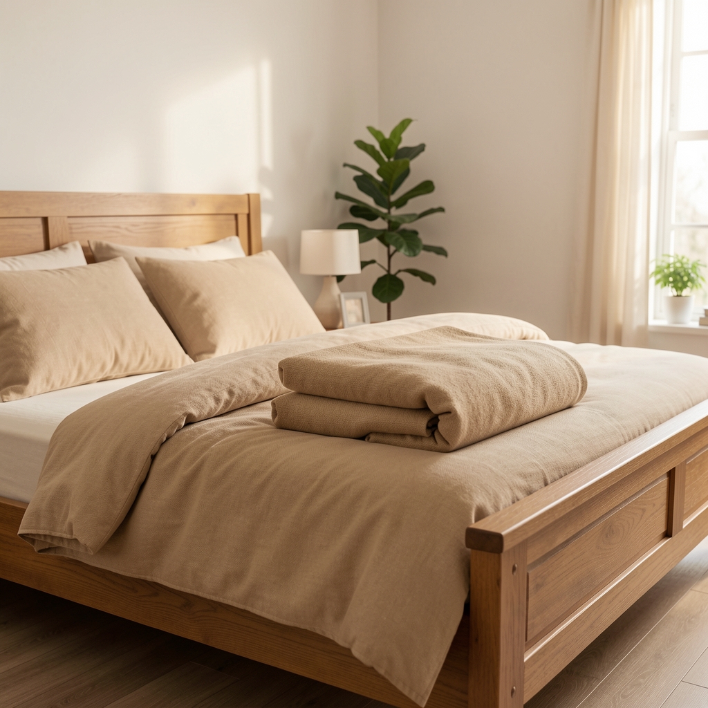 Acolchado tejido color arena doblado sobre una cama de madera en dormitorio luminoso y sereno