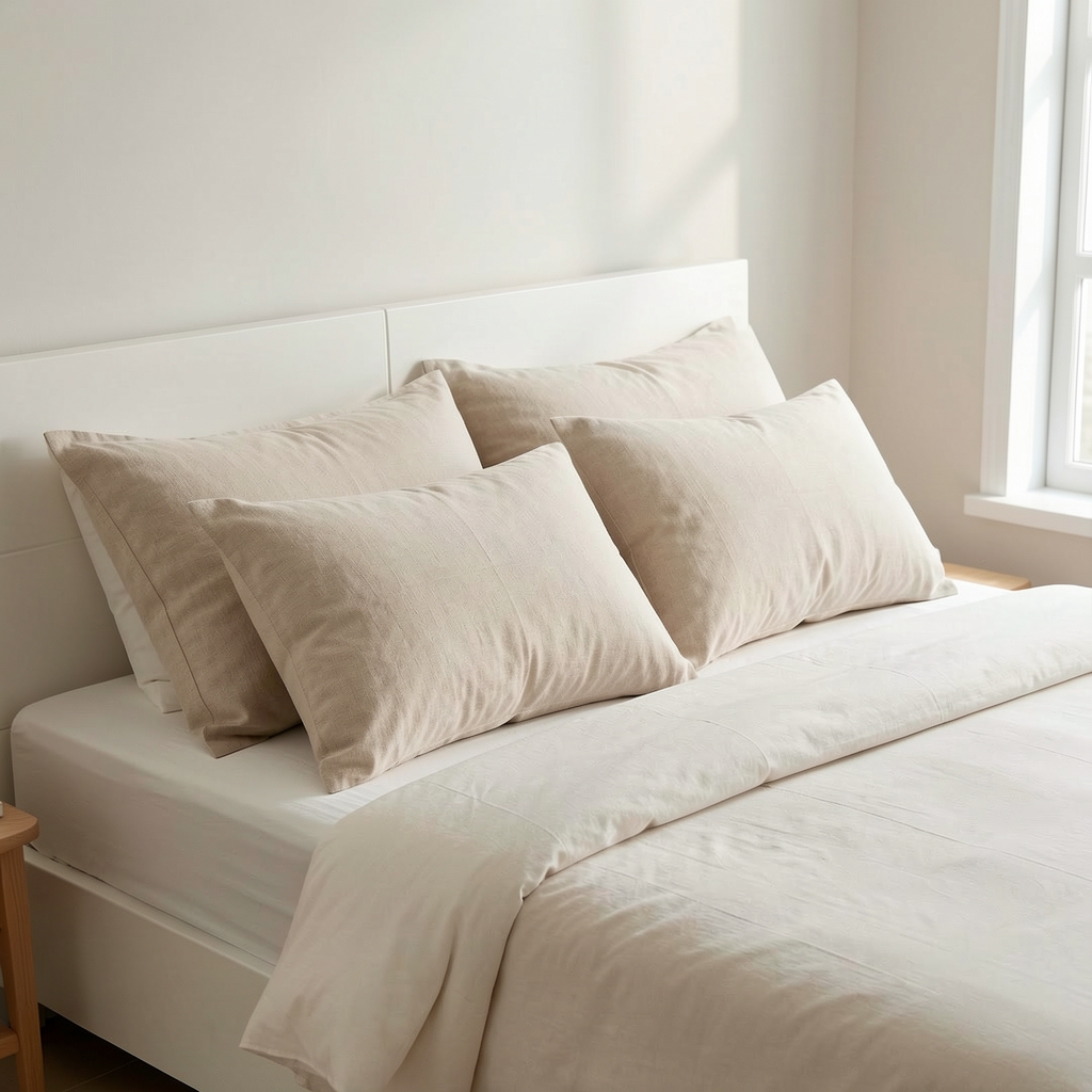 Almohadas mullidas con fundas de algodón crudo sobre cama minimalista sin personas
