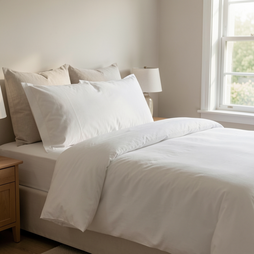 Cama ordenada con sábanas blancas de algodón, almohadas de lino y luz natural entrando por una ventana