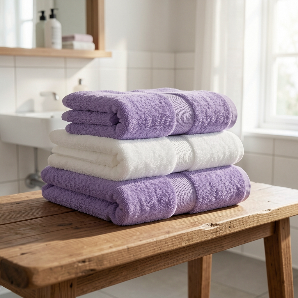 Toallas de algodón color blanco y salvia apiladas sobre banco de madera en baño luminoso