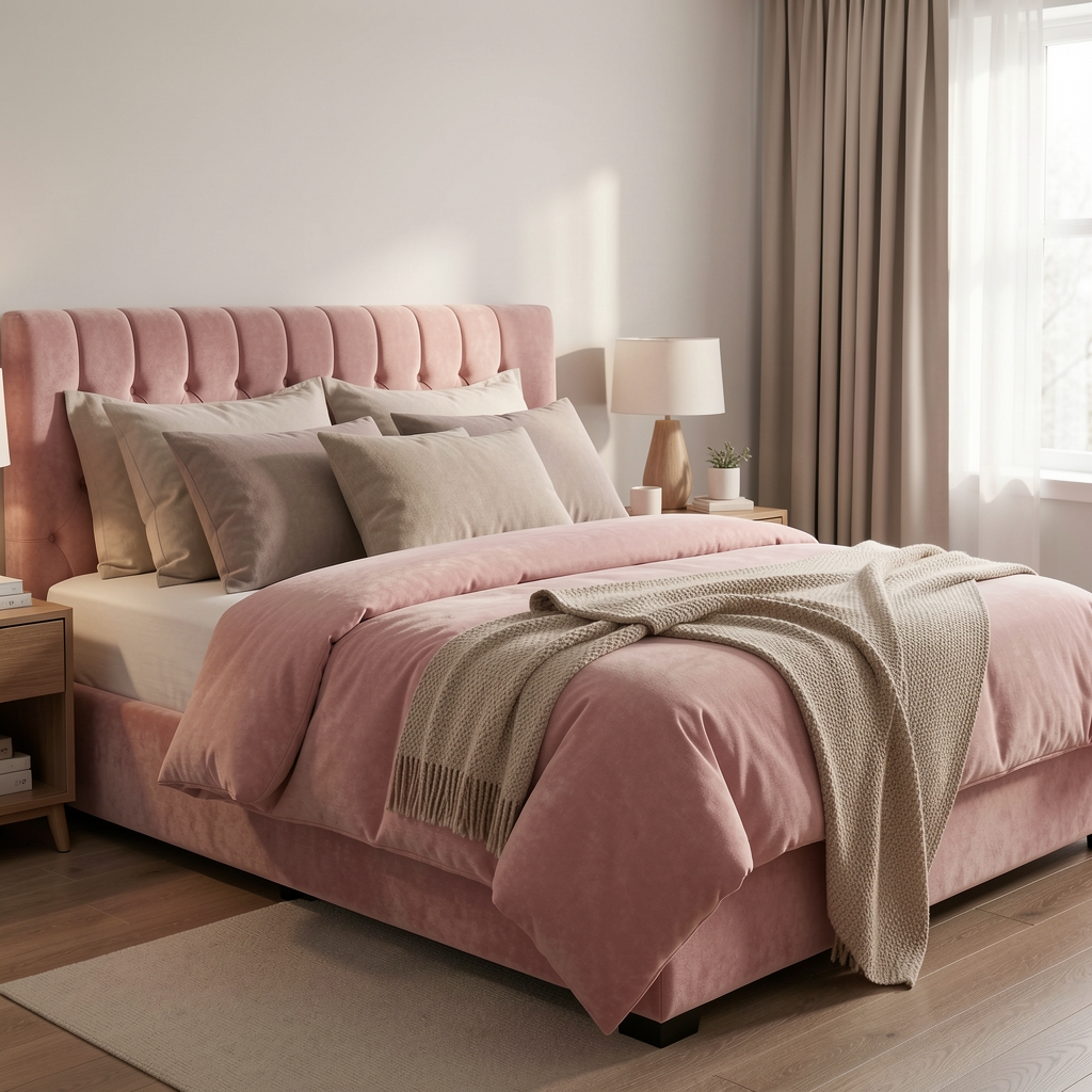 Dormitorio ordenado con acolchado rosa empolvado, manta doblada y almohadones en tonos neutros