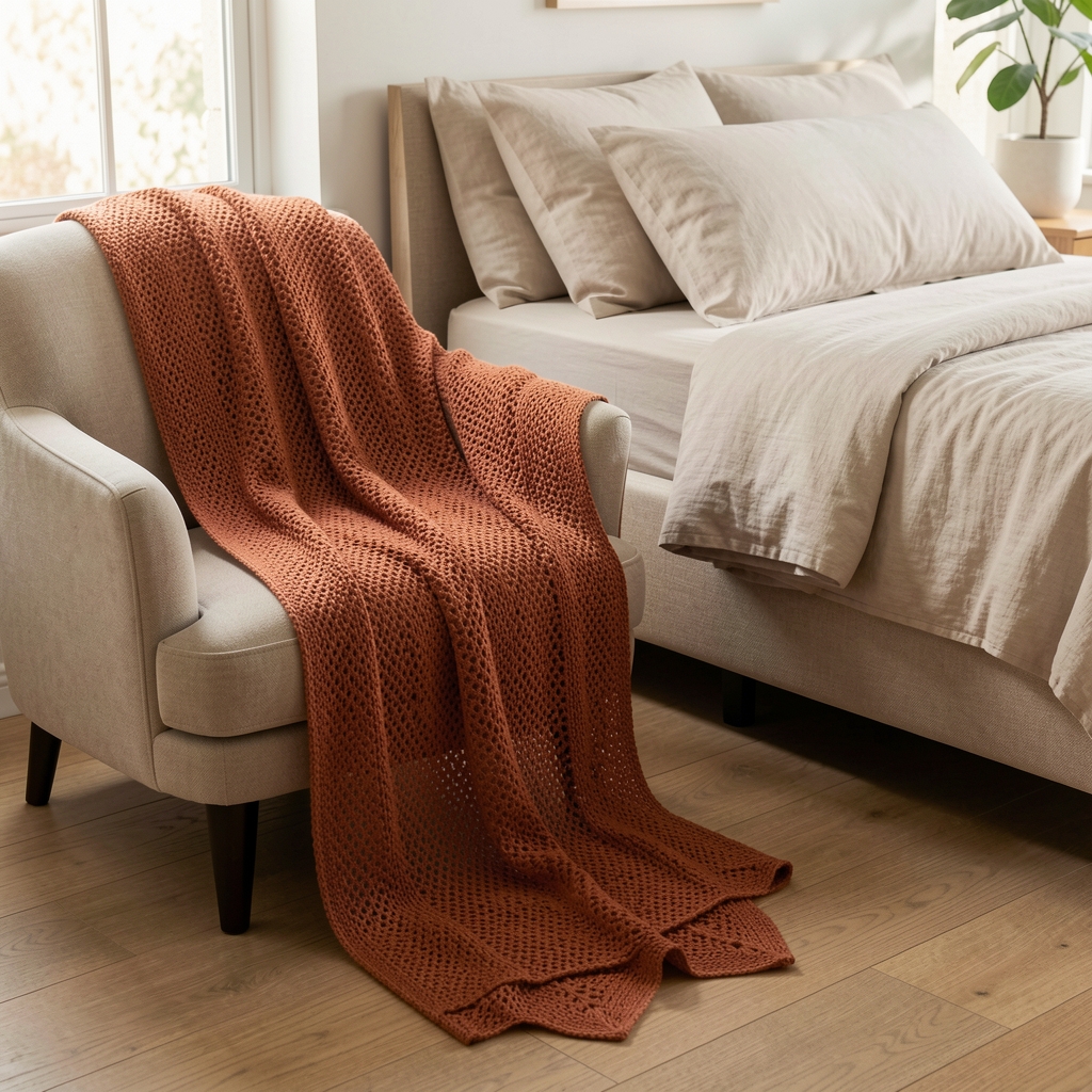 Manta tejida color terracota extendida sobre sillón junto a una cama preparada