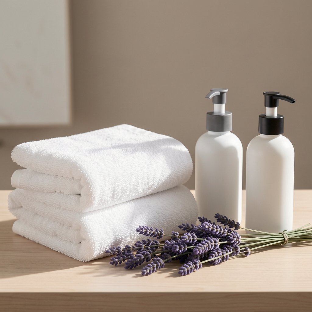 Set de toallas blancas y salvia acomodado junto a frascos de baño minimalista