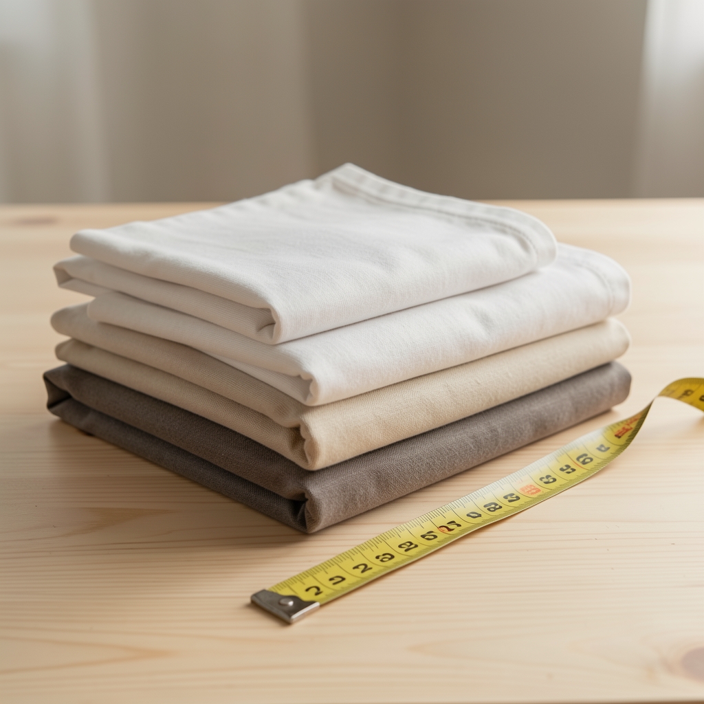 Textiles de algodón doblados en tonos naturales junto a una cinta métrica sobre mesa de madera clara