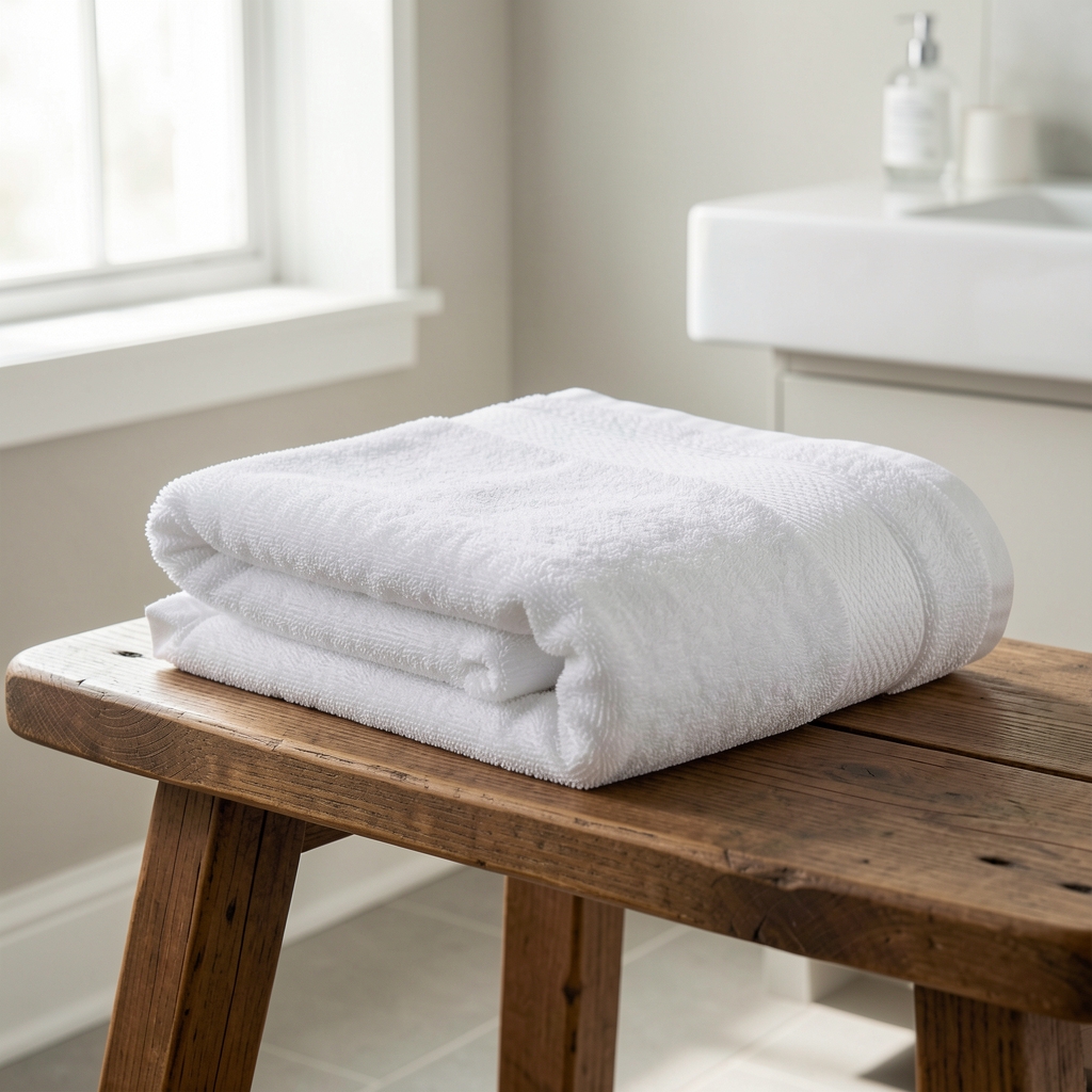 Toallón blanco de algodón grueso doblado sobre banco de madera en baño luminoso